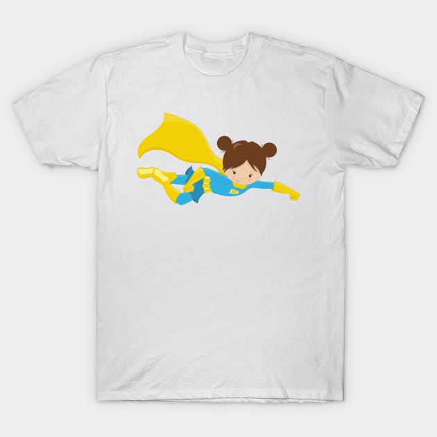 Superhero Girl, Cute Girl, Brown Hair, Yellow Cape T-Shirt by Jelena Dunčević